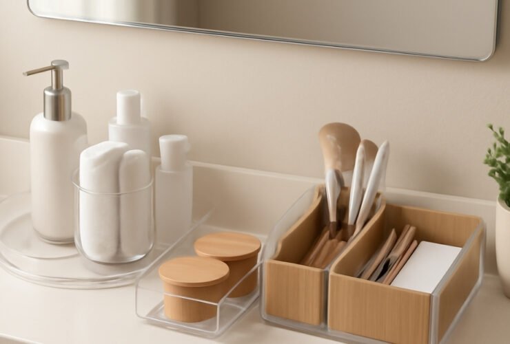 Modern bathroom shelf with acrylic trays, rotating organizer, and minimal decor elements Shower corner organizer filled with shampoo bottles, loofah, and razors—stylish and functional Before-and-after bathroom counter showing clutter transformed using Amazon organizers