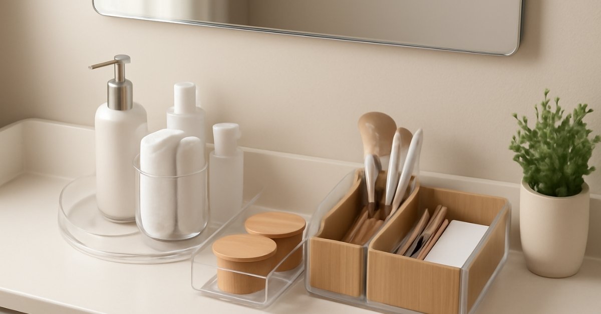 Modern bathroom shelf with acrylic trays, rotating organizer, and minimal decor elements Shower corner organizer filled with shampoo bottles, loofah, and razors—stylish and functional Before-and-after bathroom counter showing clutter transformed using Amazon organizers