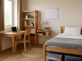 Amazon dorm room essentials under $25 shown on a cozy bed with study tools and bedding accessories