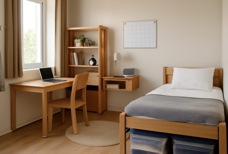 Amazon dorm room essentials under $25 shown on a cozy bed with study tools and bedding accessories