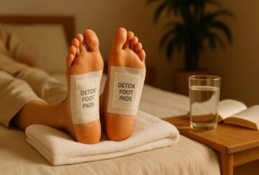 Flat lay photo of detox foot pads with bamboo, herbs, and spa tools on a clean white background.