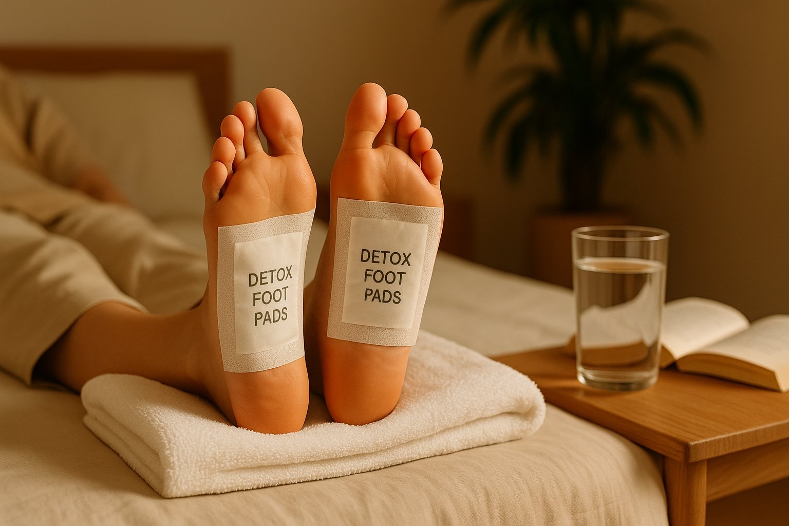 Flat lay photo of detox foot pads with bamboo, herbs, and spa tools on a clean white background.